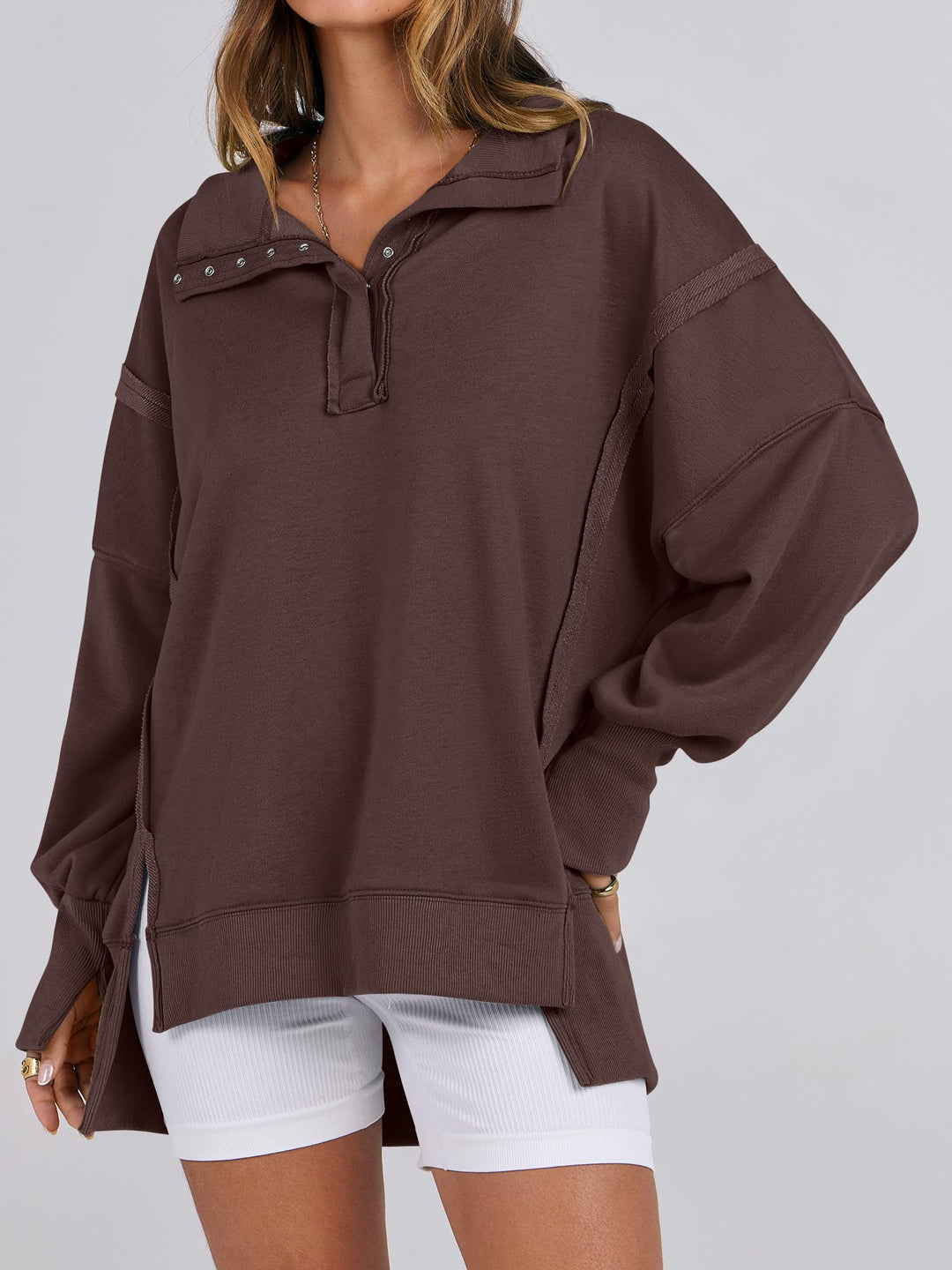 ANRABESS Women's Sweatshirts Oversized Casual Loose Button Up Henley Pullover Top High Low Split 2025 Fall Fashion Outfits