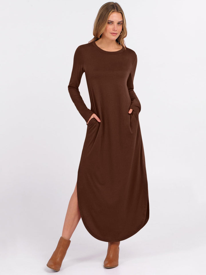 ANRABESS Women's Long Sleeve Maxi Dresses 2025 Fall Outfits Casual Loose Split Travel Vacation T Shirt Dress with Pockets