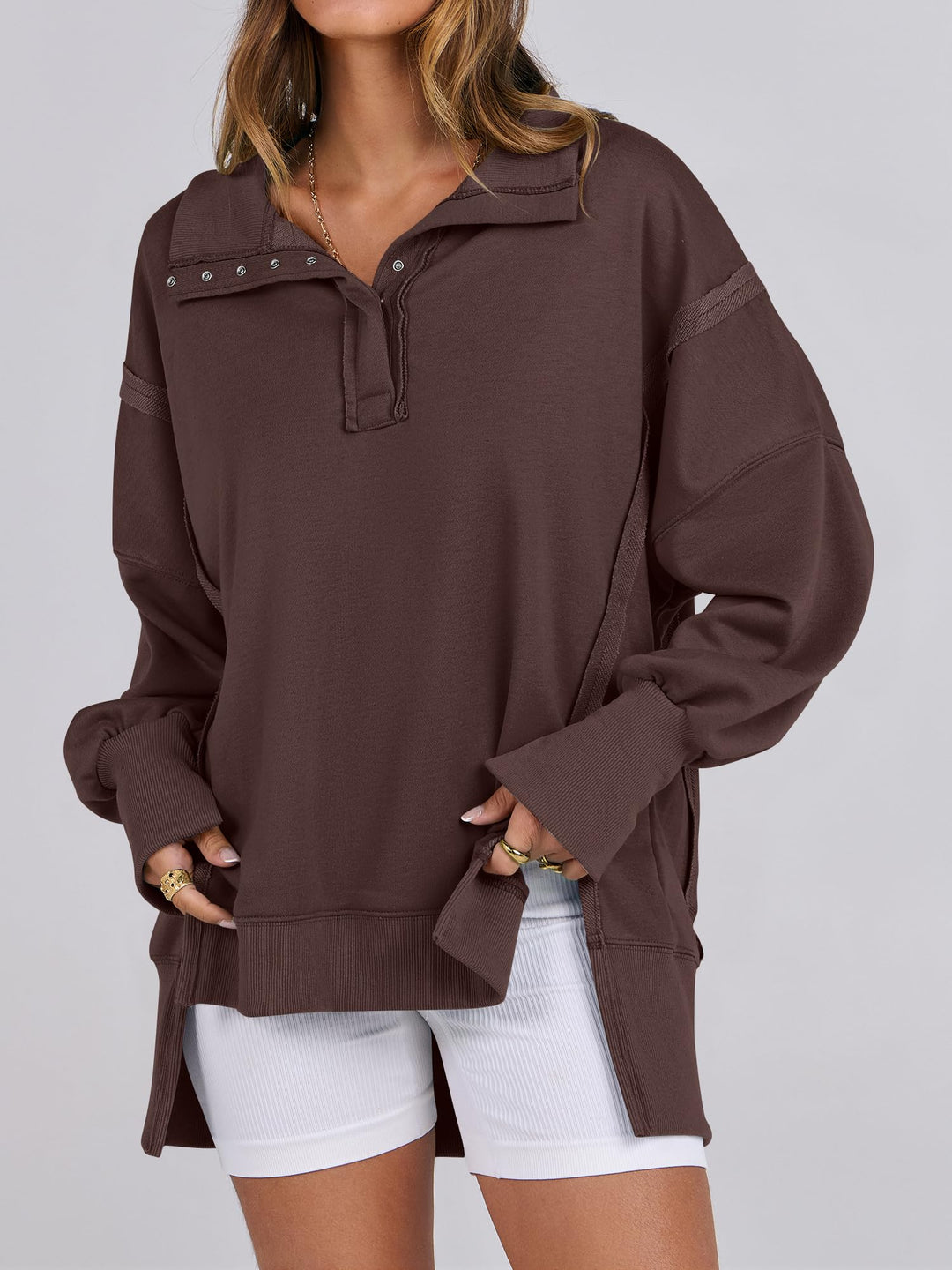 ANRABESS Women's Sweatshirts Oversized Casual Loose Button Up Henley Pullover Top High Low Split 2025 Fall Fashion Outfits