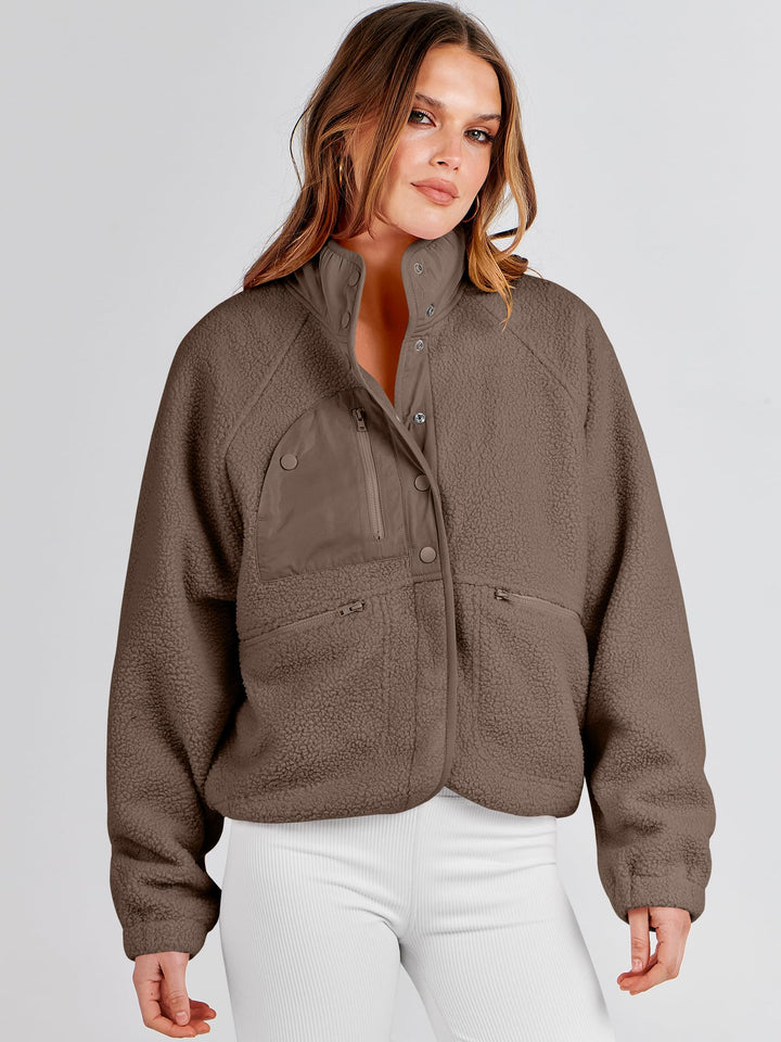 ANRABESS Womens Fuzzy Fleece Jacket Fall Casual Long Sleeve Cropped Sherpa Button Down Shacket Coats Outwear With Pockets