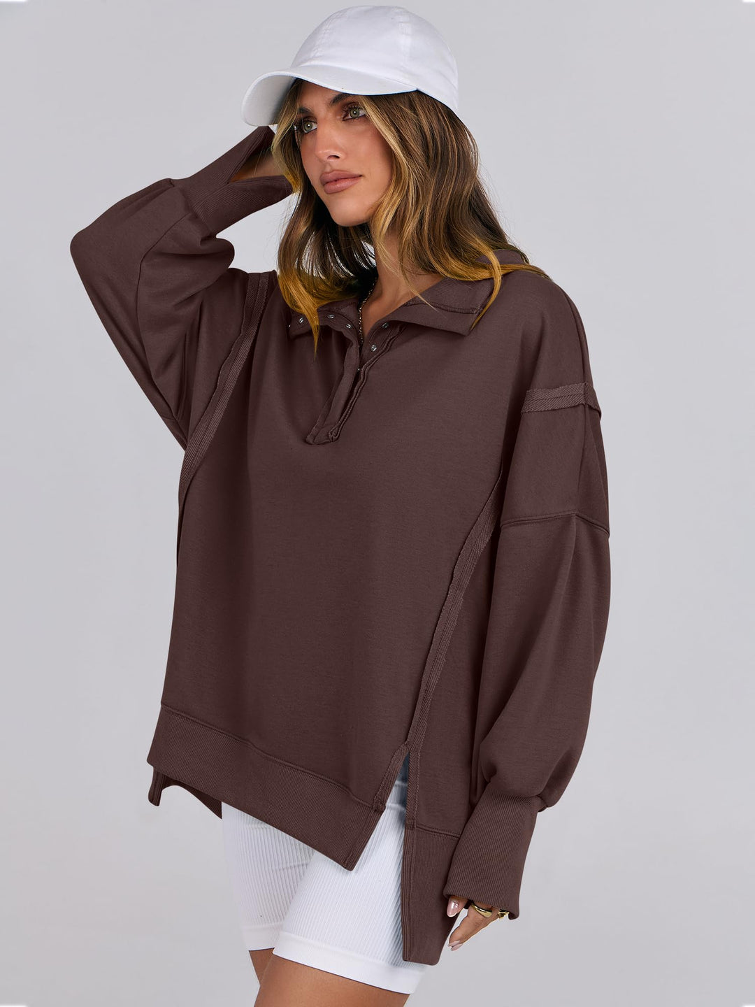 ANRABESS Women's Sweatshirts Oversized Casual Loose Button Up Henley Pullover Top High Low Split 2025 Fall Fashion Outfits