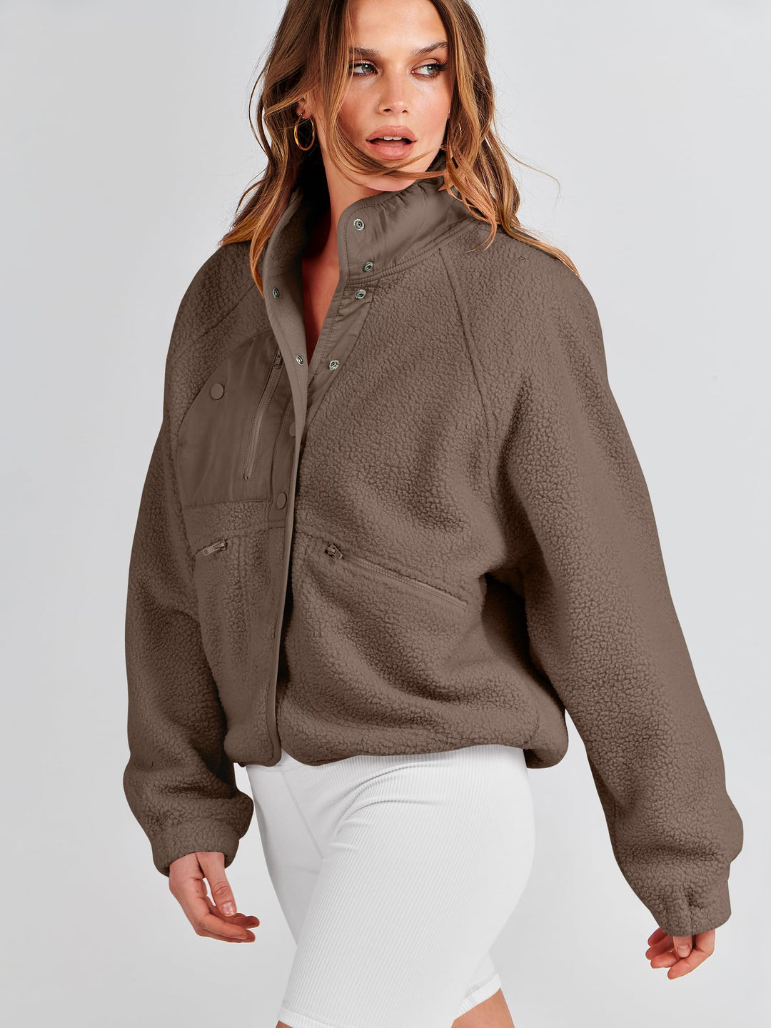 ANRABESS Womens Fuzzy Fleece Jacket Fall Casual Long Sleeve Cropped Sherpa Button Down Shacket Coats Outwear With Pockets