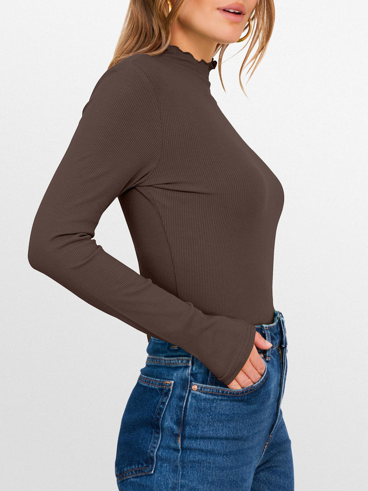 ANRABESS Women's Lettuce Trim Mock Neck Long Sleeve Tops 2025 Casual Dressy Ribbed Knit Slim Fit Tee Shirt Fall Layer Outfits