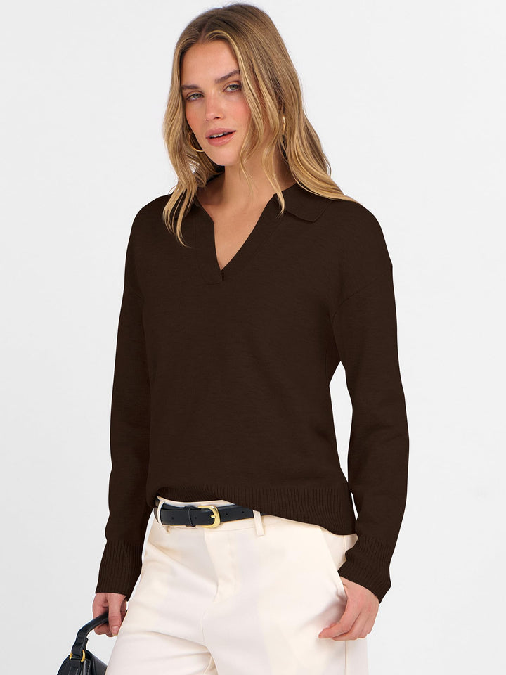 ANRABESS Womens Polo V Neck Long Sleeve Sweaters Lightweight Dressy Casual Business Basic Knit Pullover Top 2025 Fall Outfits