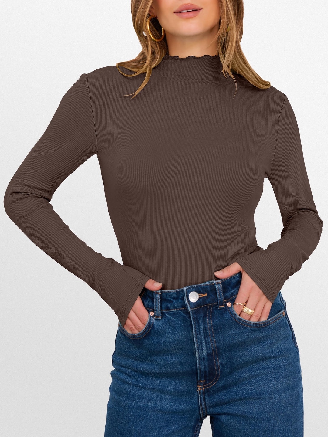 ANRABESS Women's Lettuce Trim Mock Neck Long Sleeve Tops 2025 Casual Dressy Ribbed Knit Slim Fit Tee Shirt Fall Layer Outfits