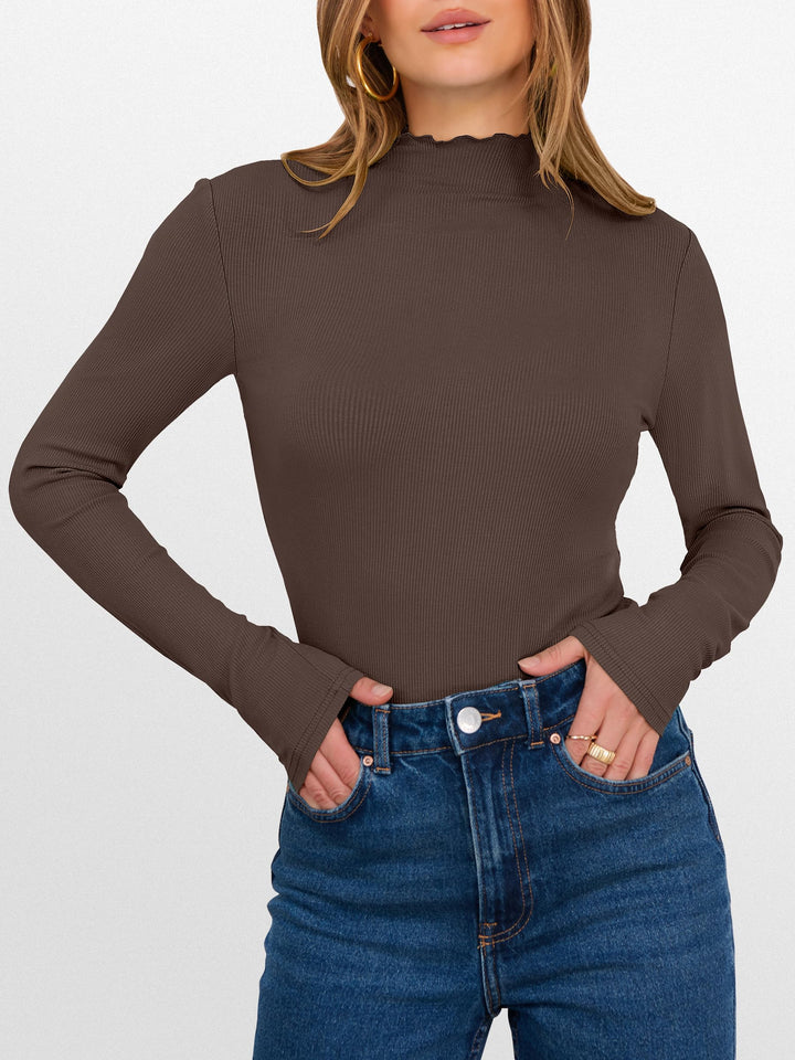 ANRABESS Women's Lettuce Trim Mock Neck Long Sleeve Tops 2025 Casual Dressy Ribbed Knit Slim Fit Tee Shirt Fall Layer Outfits