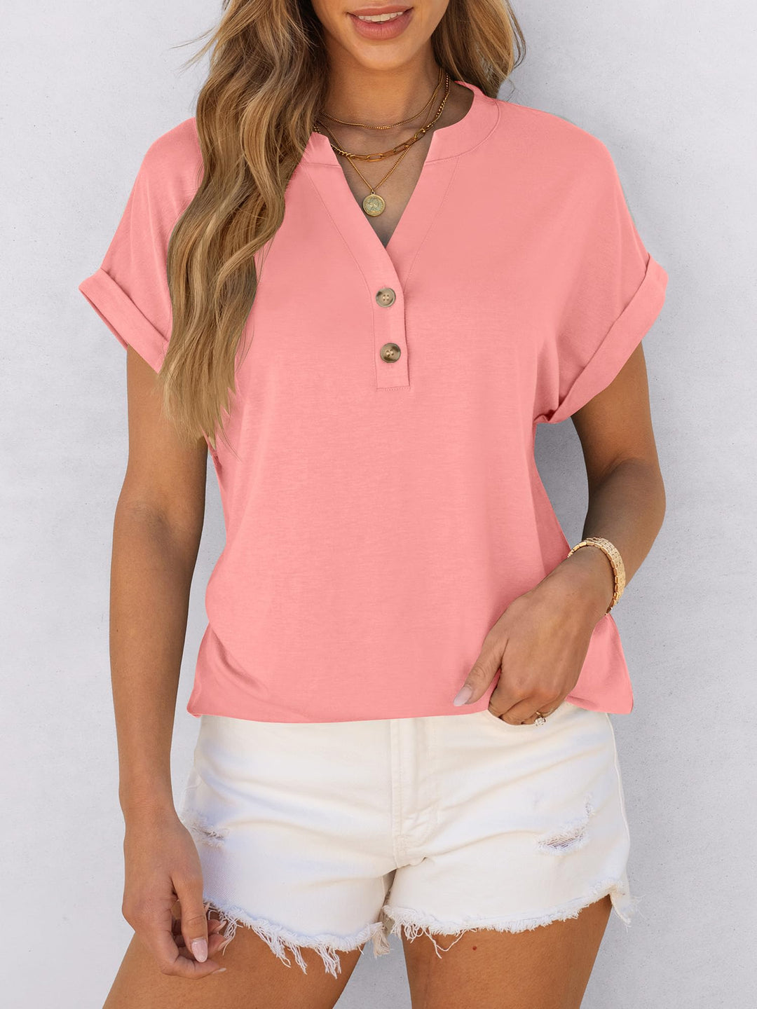 ANRABESS Womens Short Sleeve Henley Tops V Neck Dressy Casual Blouses Summer Trendy Tee Shirts 2025 Vacation Fashion Clothes