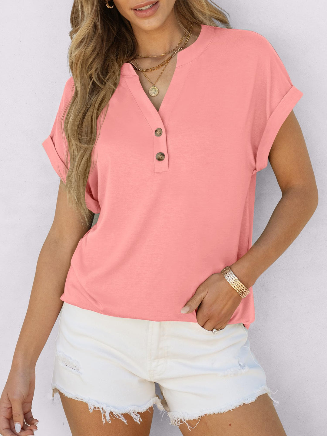 ANRABESS Womens Short Sleeve Henley Tops V Neck Dressy Casual Blouses Summer Trendy Tee Shirts 2025 Vacation Fashion Clothes