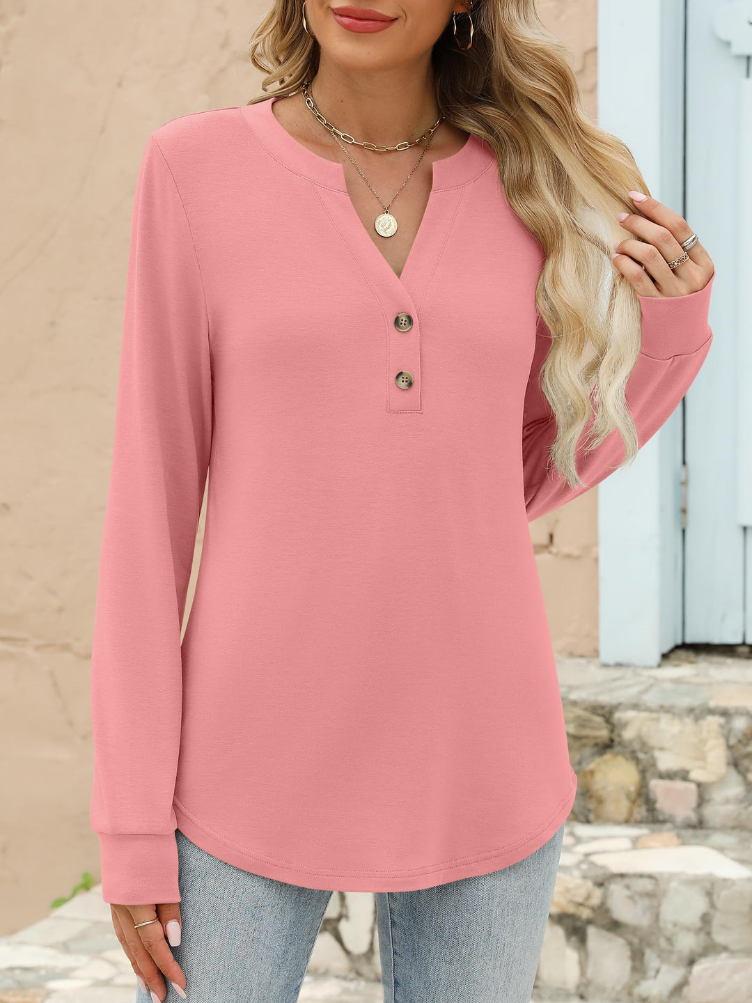 ANRABESS Women's Long Sleeve Shirts 2025 Fall Henley Business Casual Tops Cute T-Shirts Work Blouses Outfits Vacation Clothes