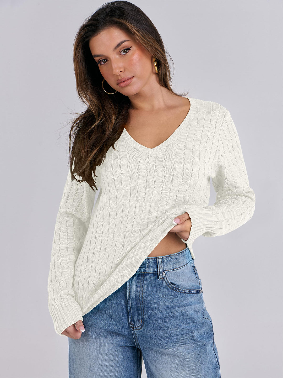 ANRABESS Womens Long Sleeve Cable Knit Sweater 2025 Fall Fashion V Neck Fitted Pullover Top Business Casual Work Fall Outfits