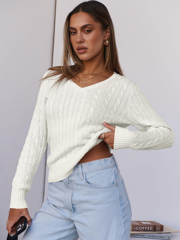 ANRABESS Womens Long Sleeve Cable Knit Sweater 2025 Fall Fashion V Neck Fitted Pullover Top Business Casual Work Fall Outfits