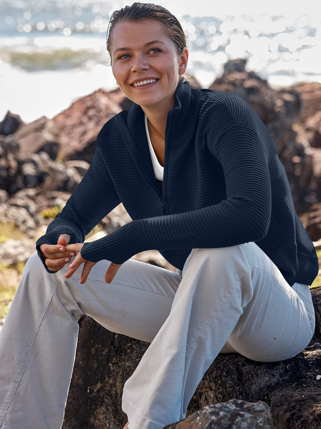 ANRABESS Womens Long Sleeve Quarter Zip Pullover Sweater Casual Loose V Neck Collared Ribbed Knit Jumper Tops Thumb Hole