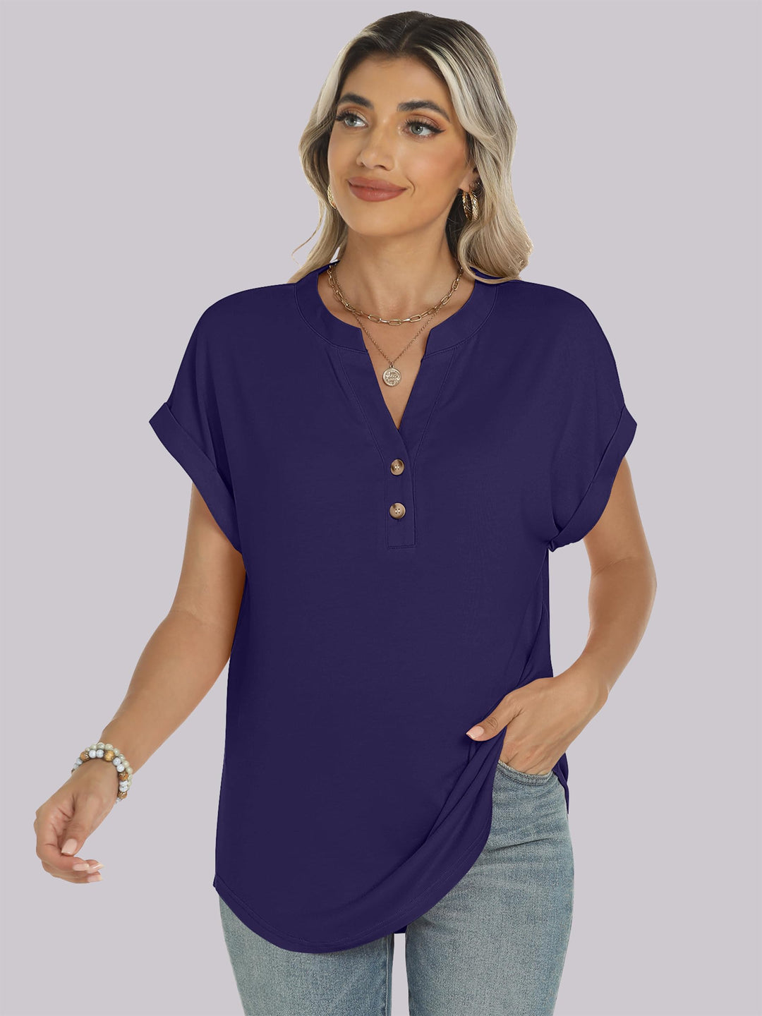 ANRABESS Womens Short Sleeve Henley Tops V Neck Dressy Casual Blouses Summer Trendy Tee Shirts 2025 Vacation Fashion Clothes