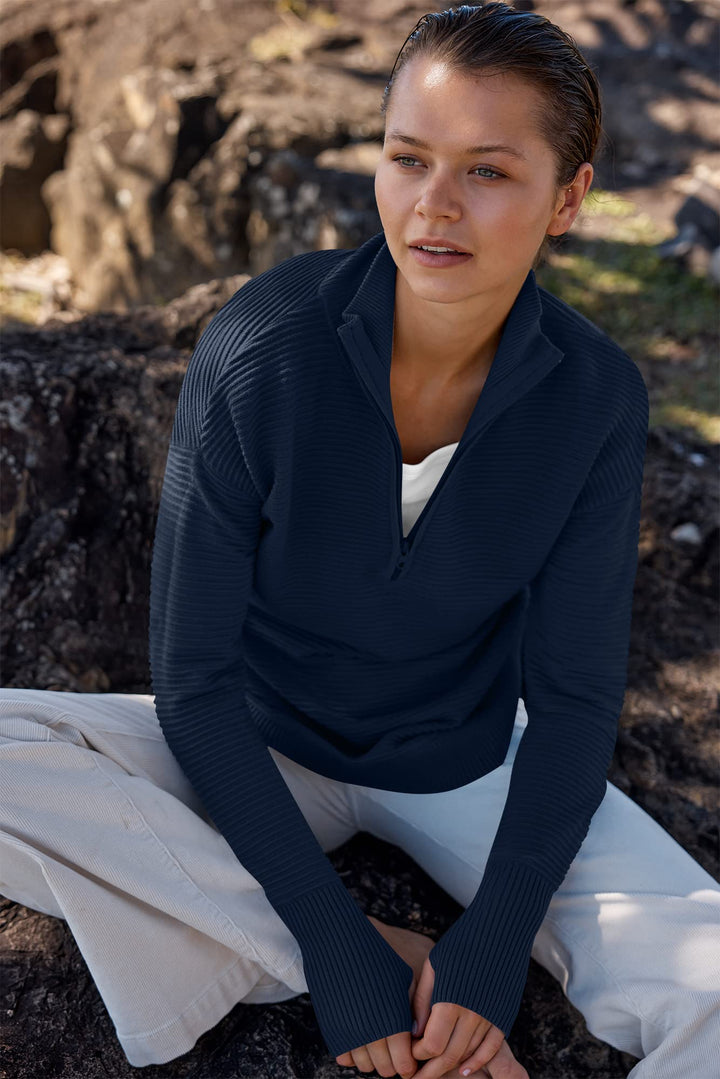 ANRABESS Womens Long Sleeve Quarter Zip Pullover Sweater Casual Loose V Neck Collared Ribbed Knit Jumper Tops Thumb Hole