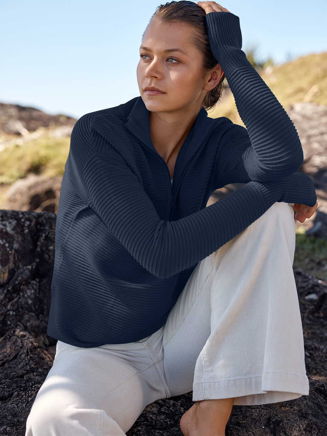 ANRABESS Womens Long Sleeve Quarter Zip Pullover Sweater Casual Loose V Neck Collared Ribbed Knit Jumper Tops Thumb Hole