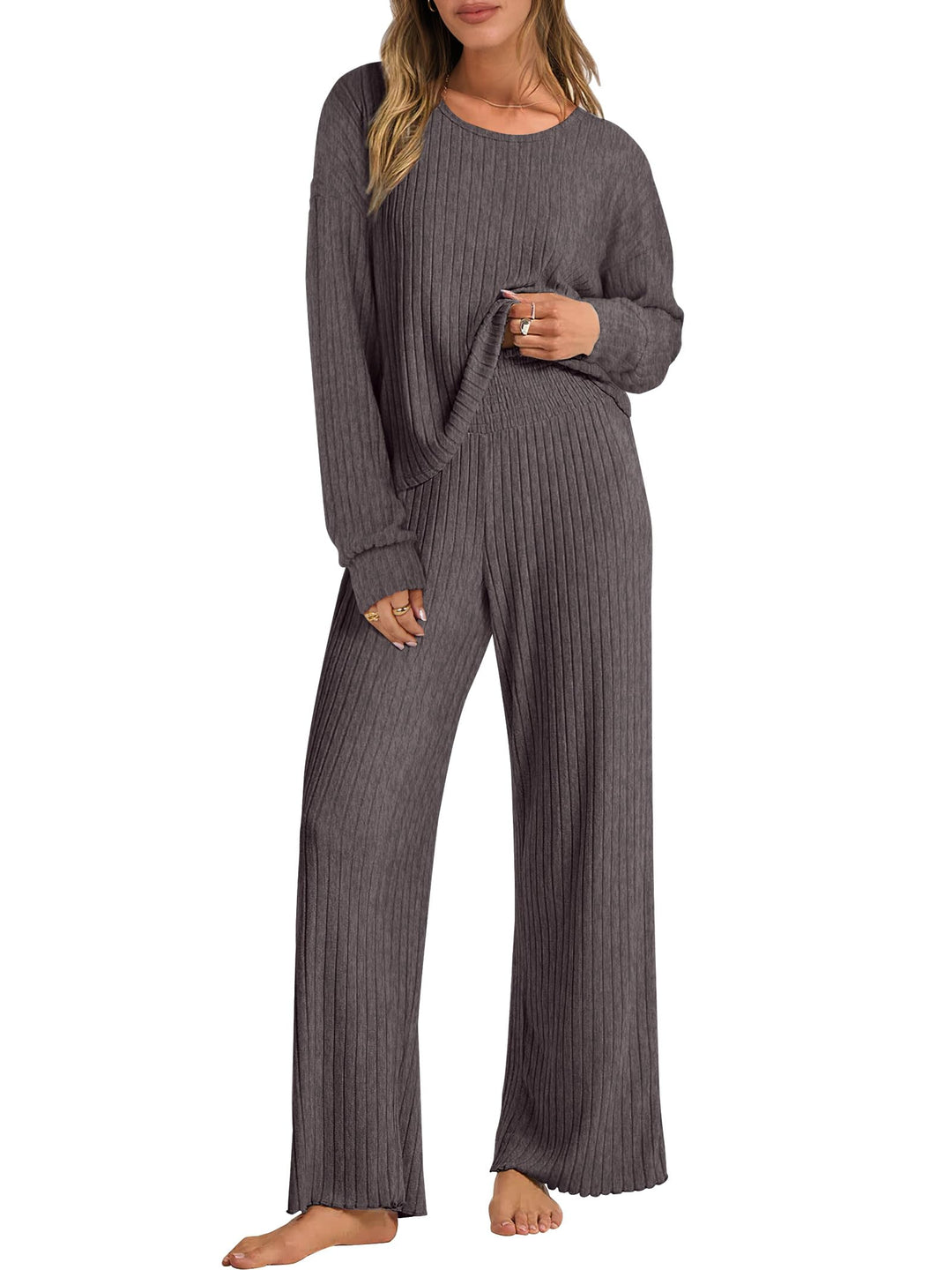 ANRABESS Women 2 Piece Lounge Pajamas Sets Casual Ribbed Knit Long Sleeve Top Pants Matching Set 2025 Fall Outfits Clothes