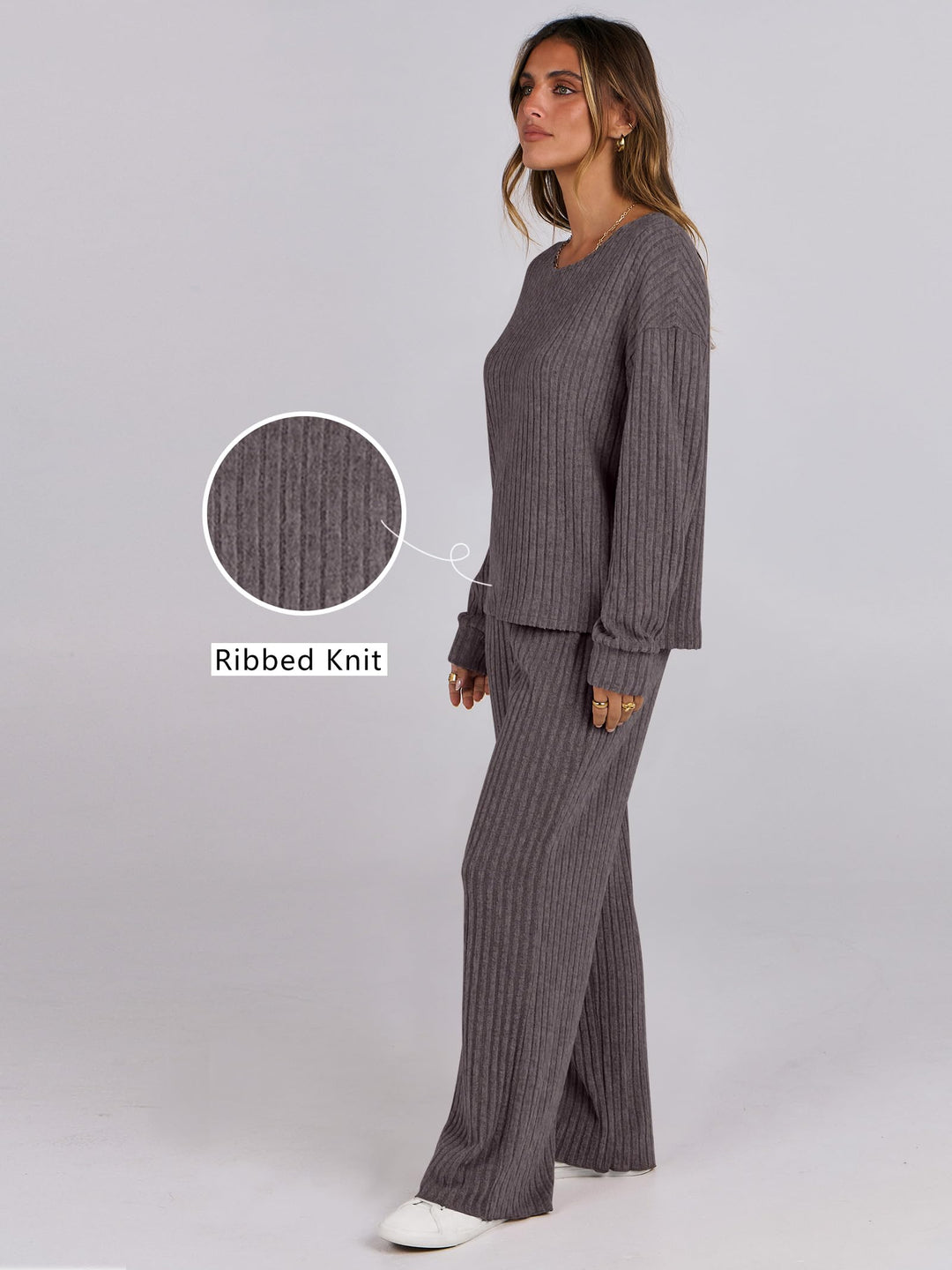 ANRABESS Women 2 Piece Lounge Pajamas Sets Casual Ribbed Knit Long Sleeve Top Pants Matching Set 2025 Fall Outfits Clothes