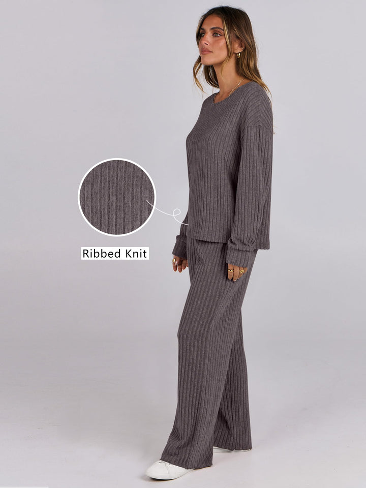 ANRABESS Women 2 Piece Lounge Pajamas Sets Casual Ribbed Knit Long Sleeve Top Pants Matching Set 2025 Fall Outfits Clothes