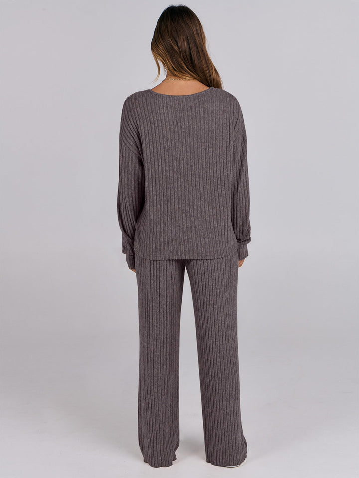 ANRABESS Women 2 Piece Lounge Pajamas Sets Casual Ribbed Knit Long Sleeve Top Pants Matching Set 2025 Fall Outfits Clothes