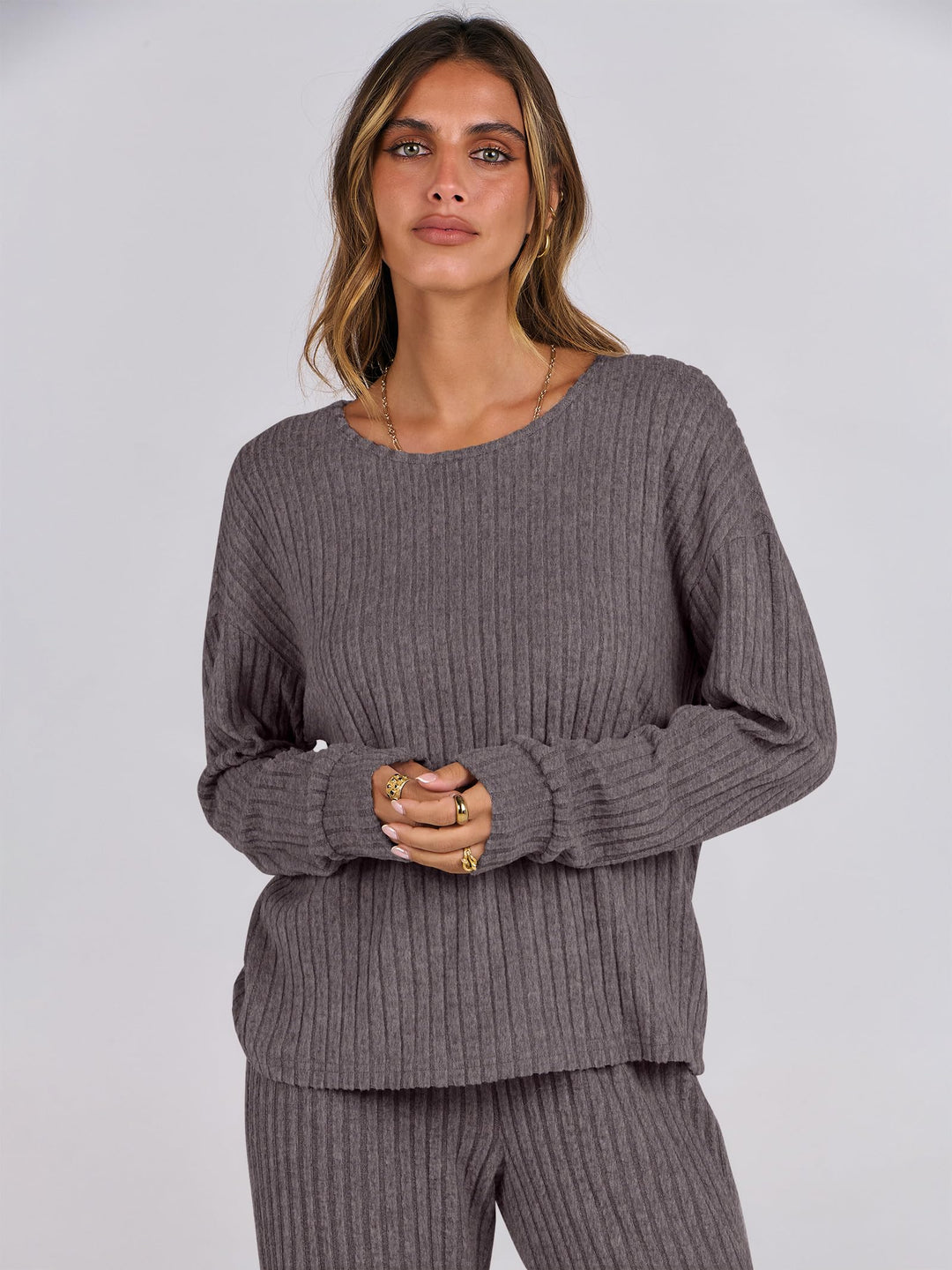 ANRABESS Women 2 Piece Lounge Pajamas Sets Casual Ribbed Knit Long Sleeve Top Pants Matching Set 2025 Fall Outfits Clothes