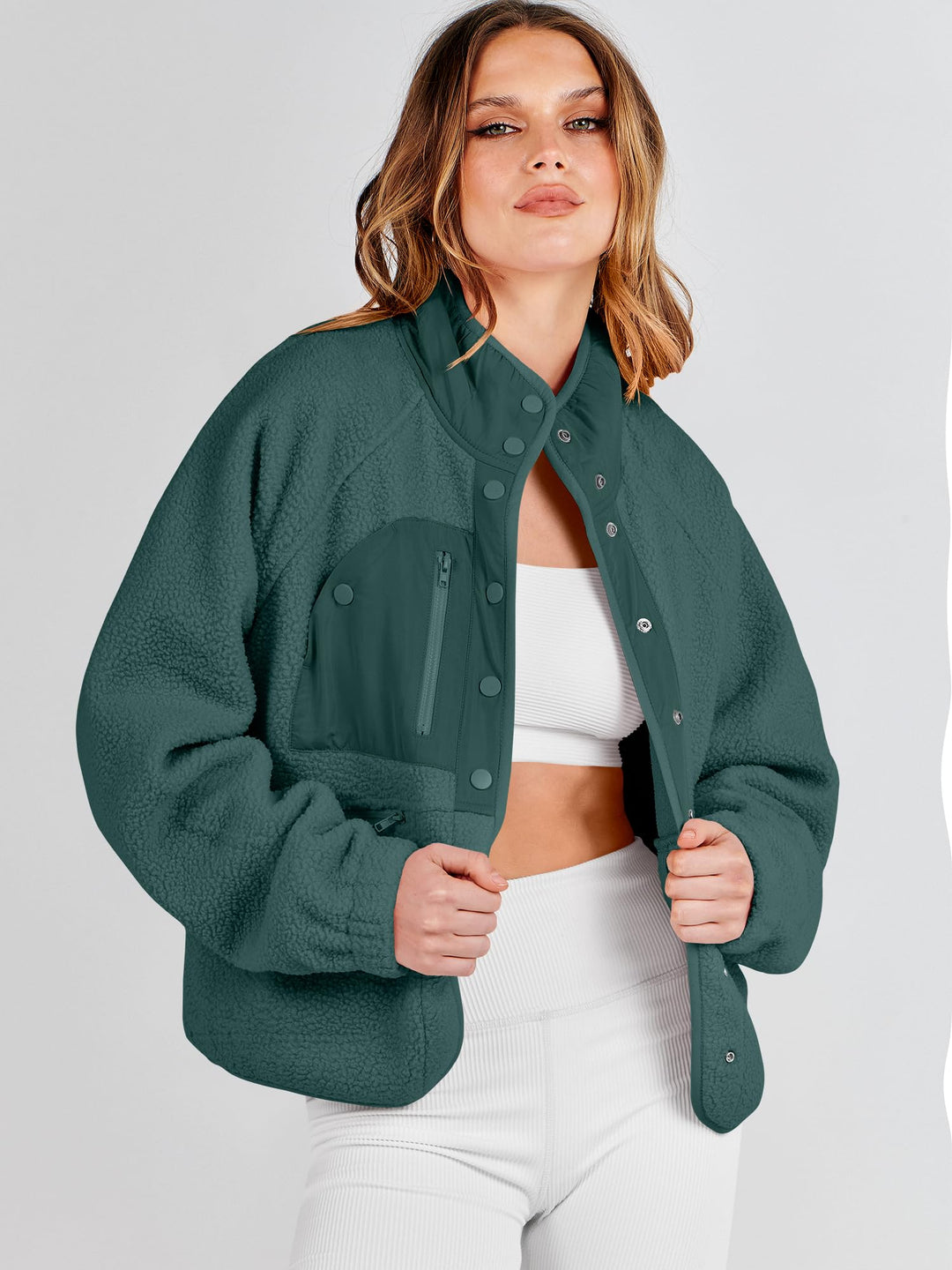 ANRABESS Womens Fuzzy Fleece Jacket Fall Casual Long Sleeve Cropped Sherpa Button Down Shacket Coats Outwear With Pockets