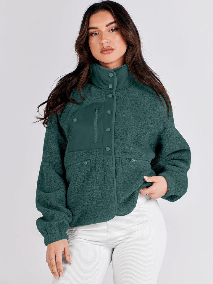 ANRABESS Womens Fuzzy Fleece Jacket Fall Casual Long Sleeve Cropped Sherpa Button Down Shacket Coats Outwear With Pockets