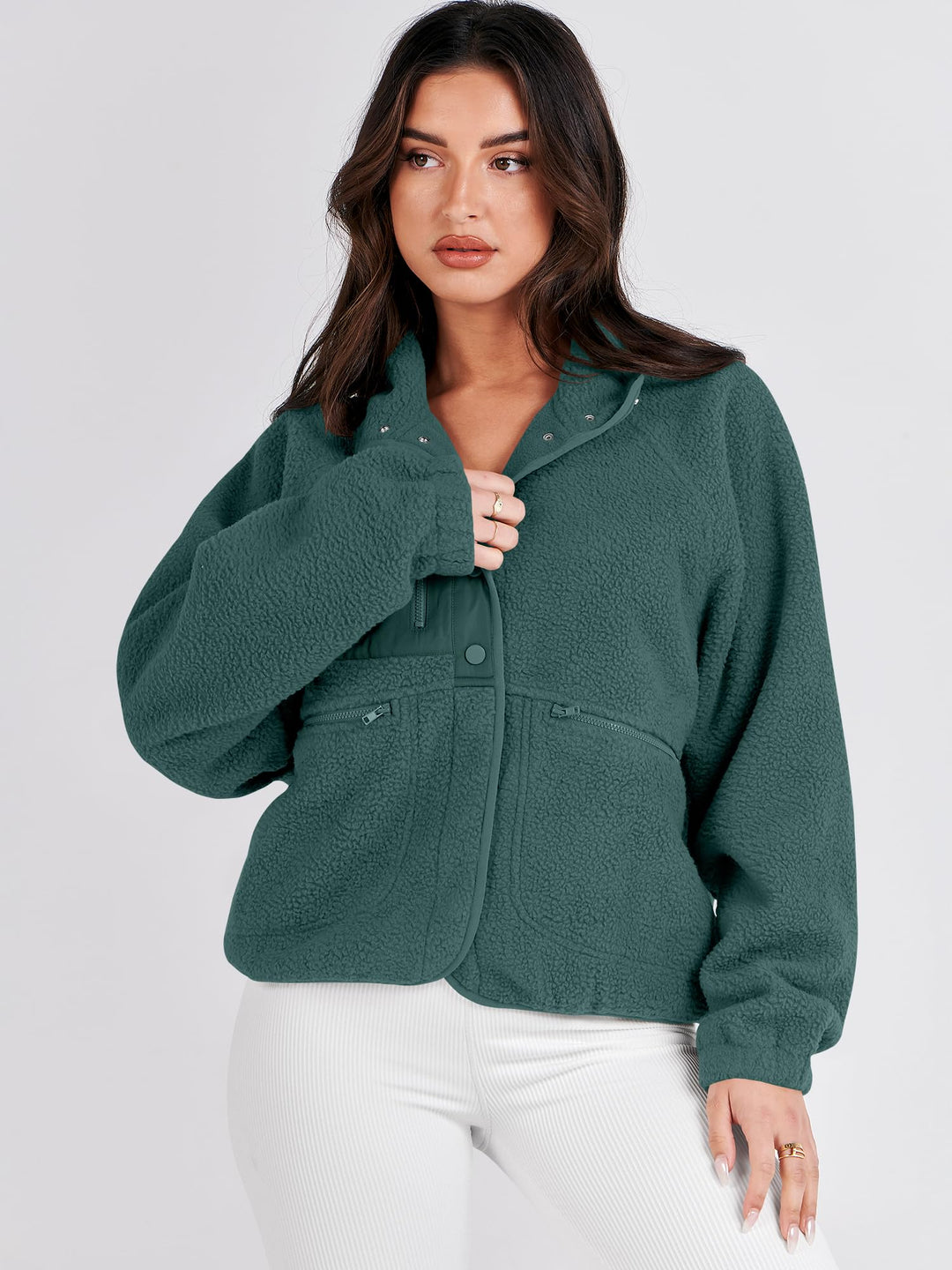 ANRABESS Womens Fuzzy Fleece Jacket Fall Casual Long Sleeve Cropped Sherpa Button Down Shacket Coats Outwear With Pockets