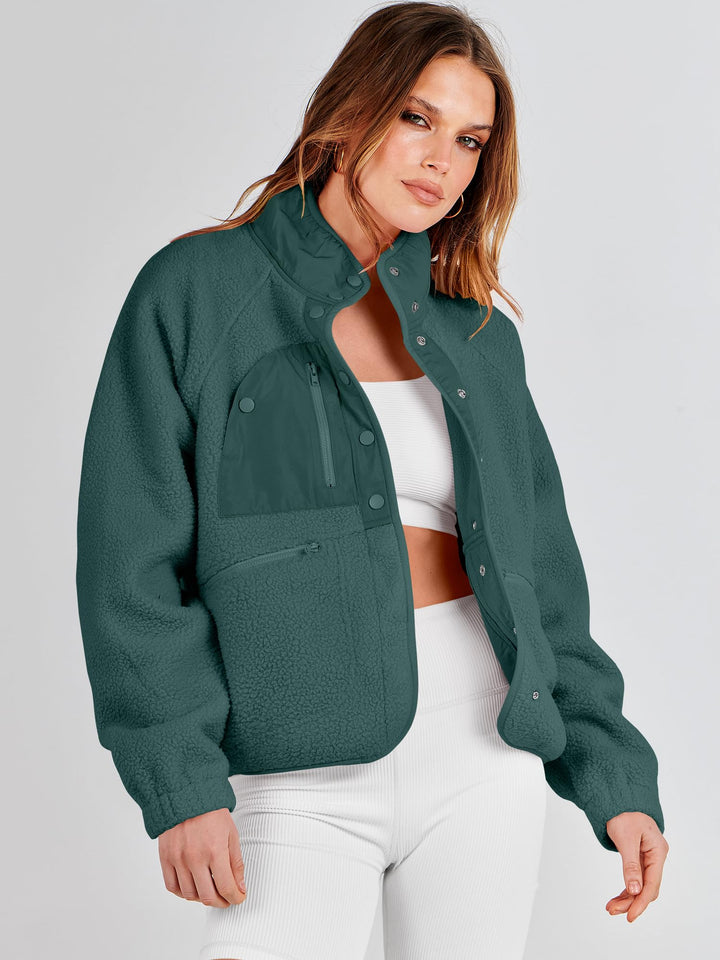 ANRABESS Womens Fuzzy Fleece Jacket Fall Casual Long Sleeve Cropped Sherpa Button Down Shacket Coats Outwear With Pockets