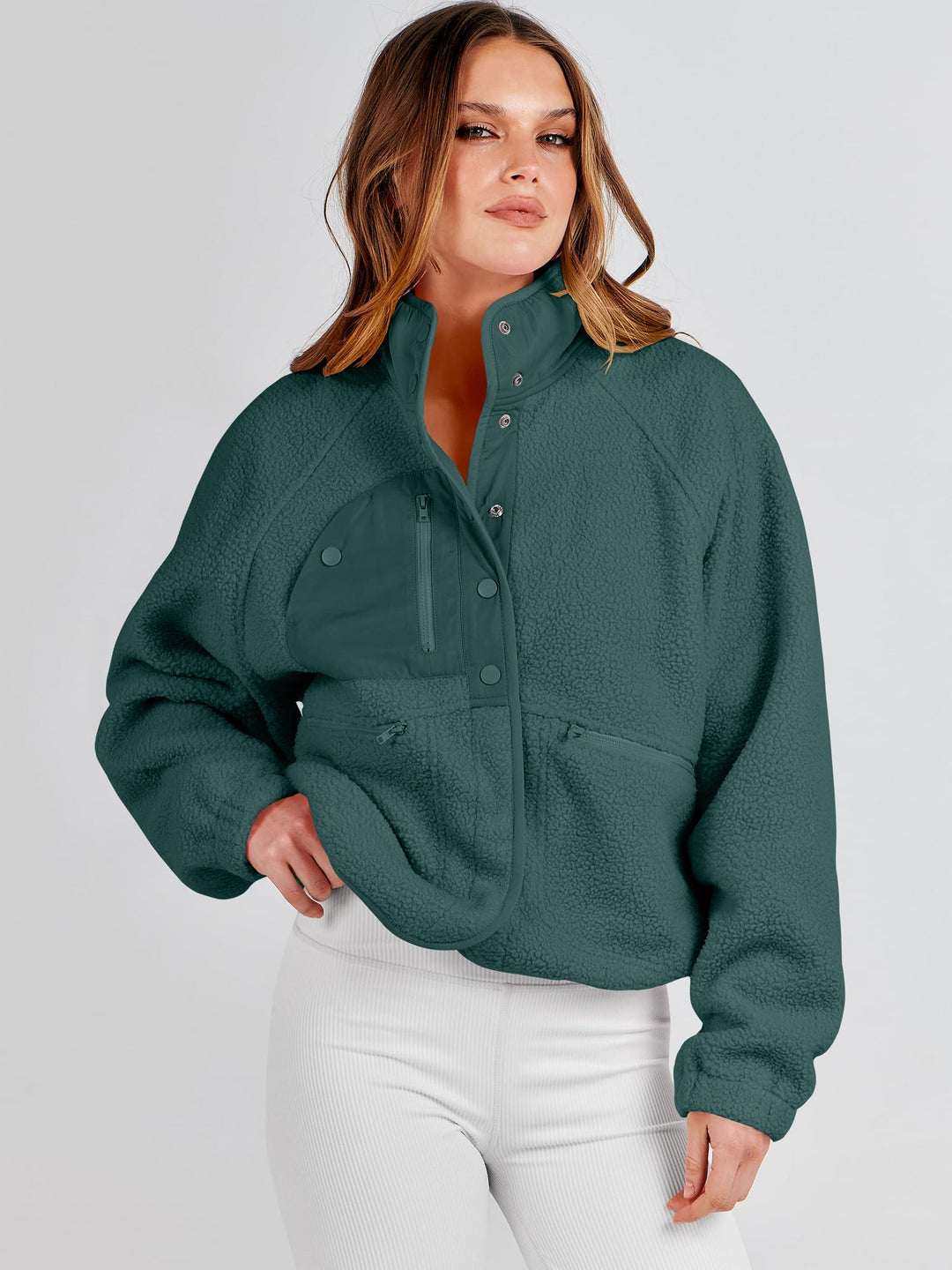 ANRABESS Womens Fuzzy Fleece Jacket Fall Casual Long Sleeve Cropped Sherpa Button Down Shacket Coats Outwear With Pockets