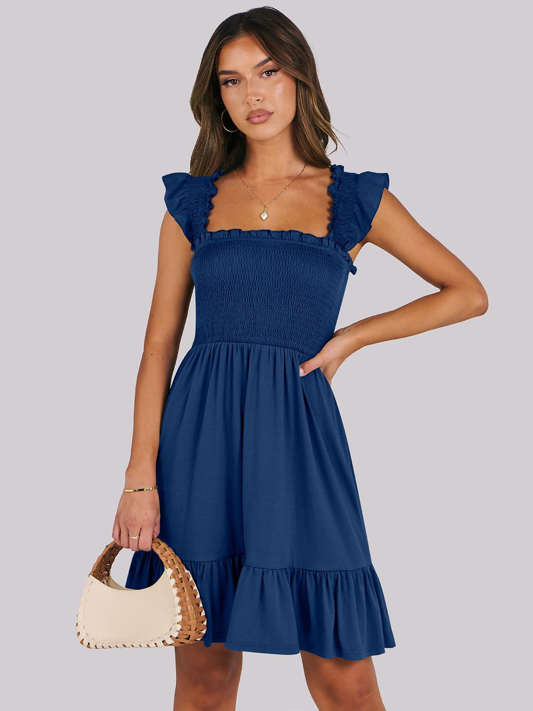 ANRABESS Women's Summer Casual Sleeveless Square Neck Dress 2025 Smocked Ruffle Backless Boho Beach Cute Teen Short Sundress