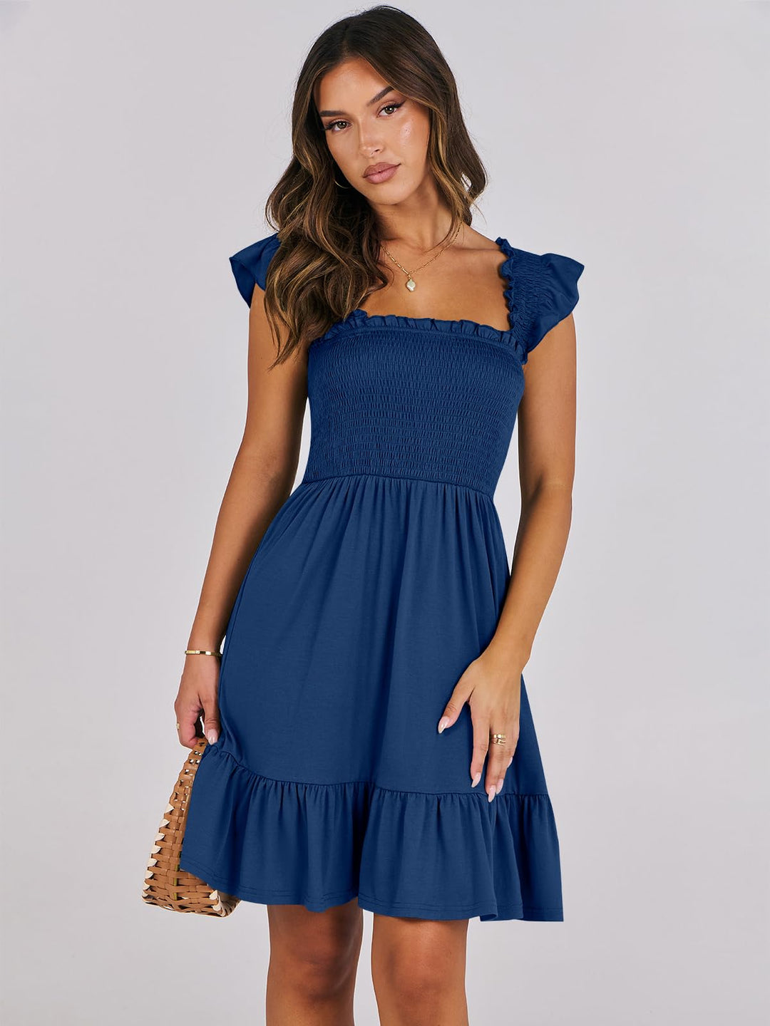 ANRABESS Women's Summer Casual Sleeveless Square Neck Dress 2025 Smocked Ruffle Backless Boho Beach Cute Teen Short Sundress