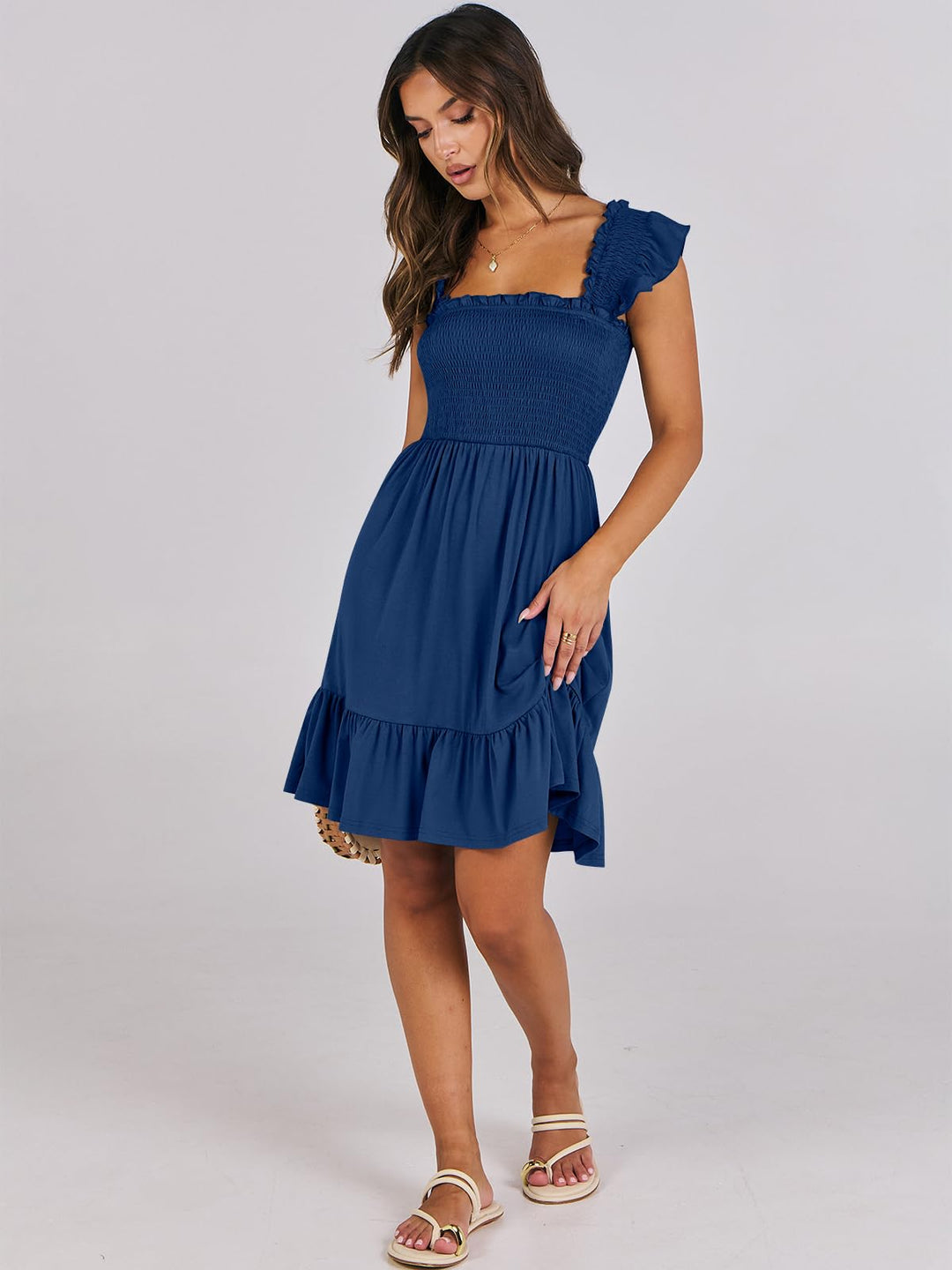 ANRABESS Women's Summer Casual Sleeveless Square Neck Dress 2025 Smocked Ruffle Backless Boho Beach Cute Teen Short Sundress