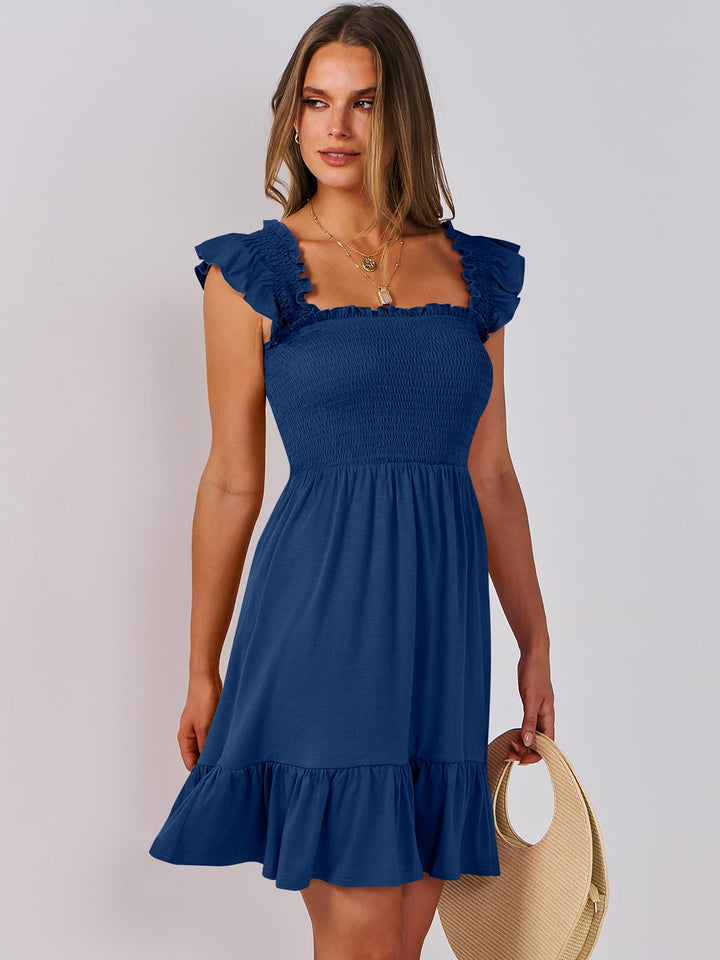 ANRABESS Women's Summer Casual Sleeveless Square Neck Dress 2025 Smocked Ruffle Backless Boho Beach Cute Teen Short Sundress