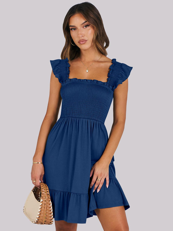 ANRABESS Women's Summer Casual Sleeveless Square Neck Dress 2025 Smocked Ruffle Backless Boho Beach Cute Teen Short Sundress