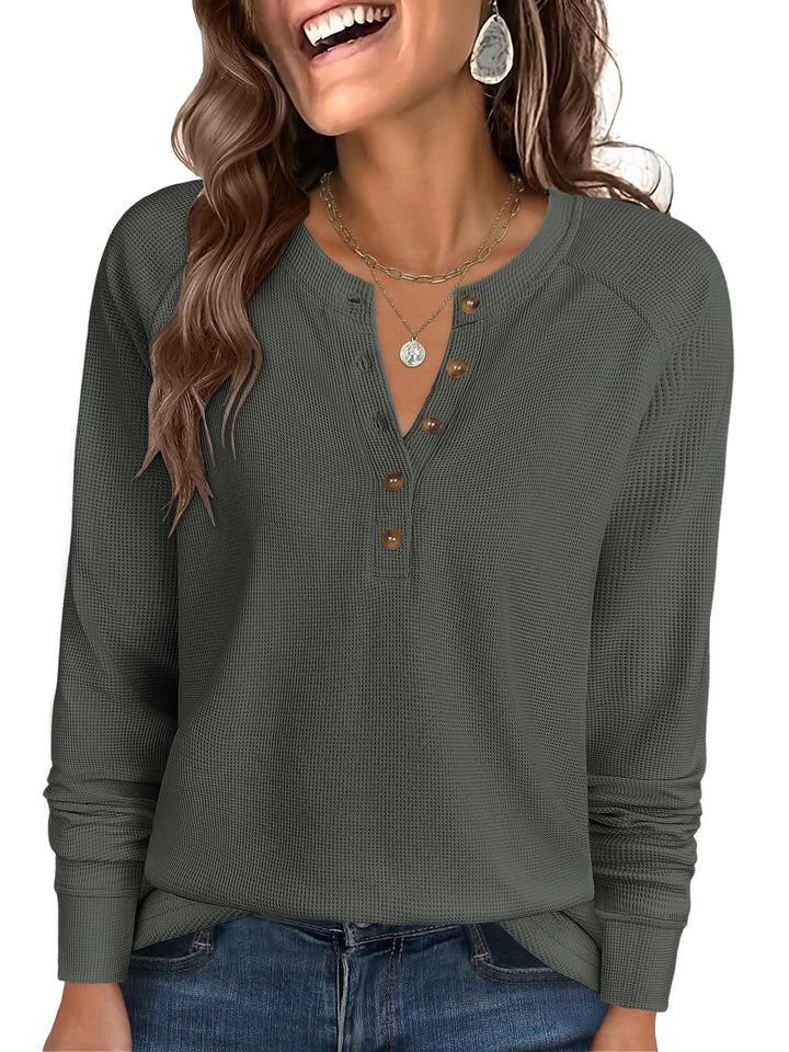 ANRABESS Women's Long Sleeve Waffle Knit Shirts Dressy Casual Loose Button Up V Neck Henley Tops 2025 Fall Basic Tee Blouse
