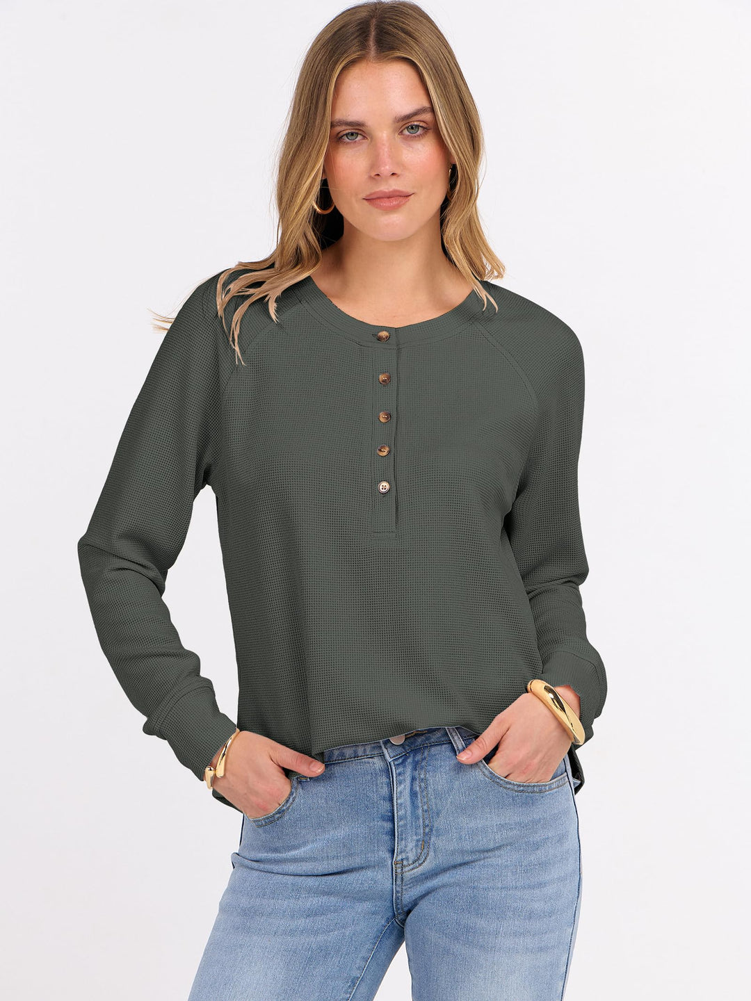 ANRABESS Women's Long Sleeve Waffle Knit Shirts Dressy Casual Loose Button Up V Neck Henley Tops 2025 Fall Basic Tee Blouse