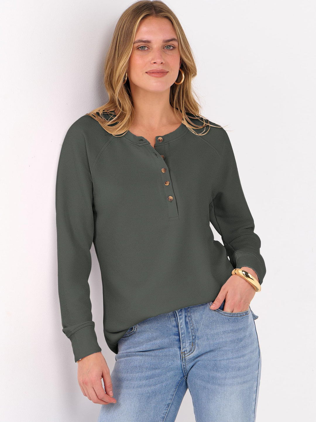 ANRABESS Women's Long Sleeve Waffle Knit Shirts Dressy Casual Loose Button Up V Neck Henley Tops 2025 Fall Basic Tee Blouse