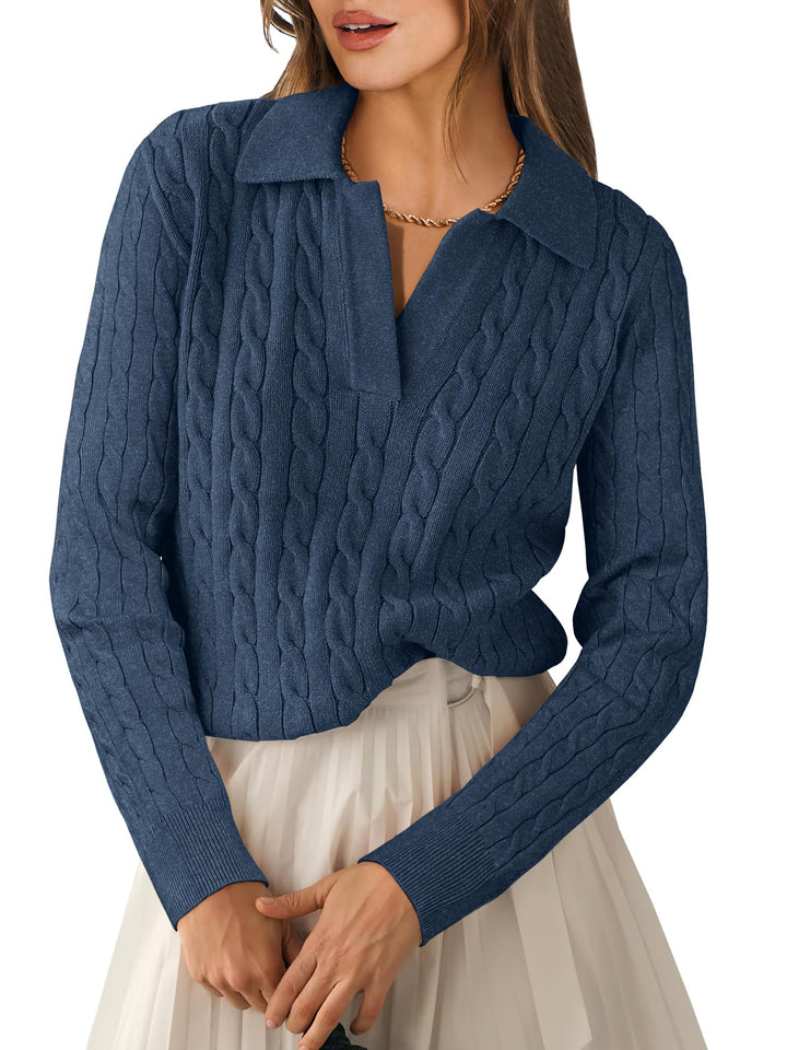 ANRABESS Womens Cable Knit Sweaters Long Sleeve V Neck Sweater Tops Casual Pullover Polo Shirts 2025 Fall Fashion Outfits