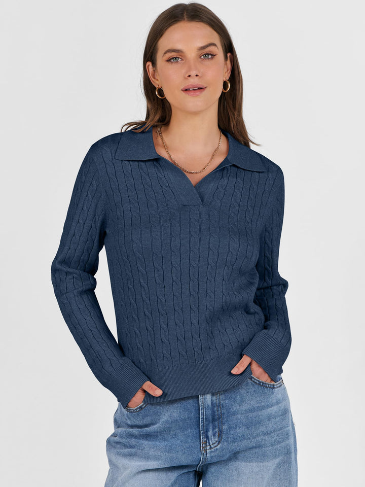 ANRABESS Womens Cable Knit Sweaters Long Sleeve V Neck Sweater Tops Casual Pullover Polo Shirts 2025 Fall Fashion Outfits