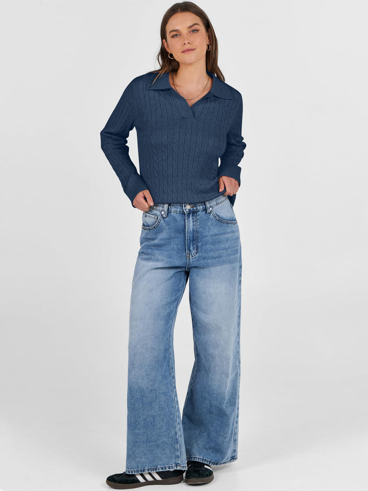 ANRABESS Womens Cable Knit Sweaters Long Sleeve V Neck Sweater Tops Casual Pullover Polo Shirts 2025 Fall Fashion Outfits