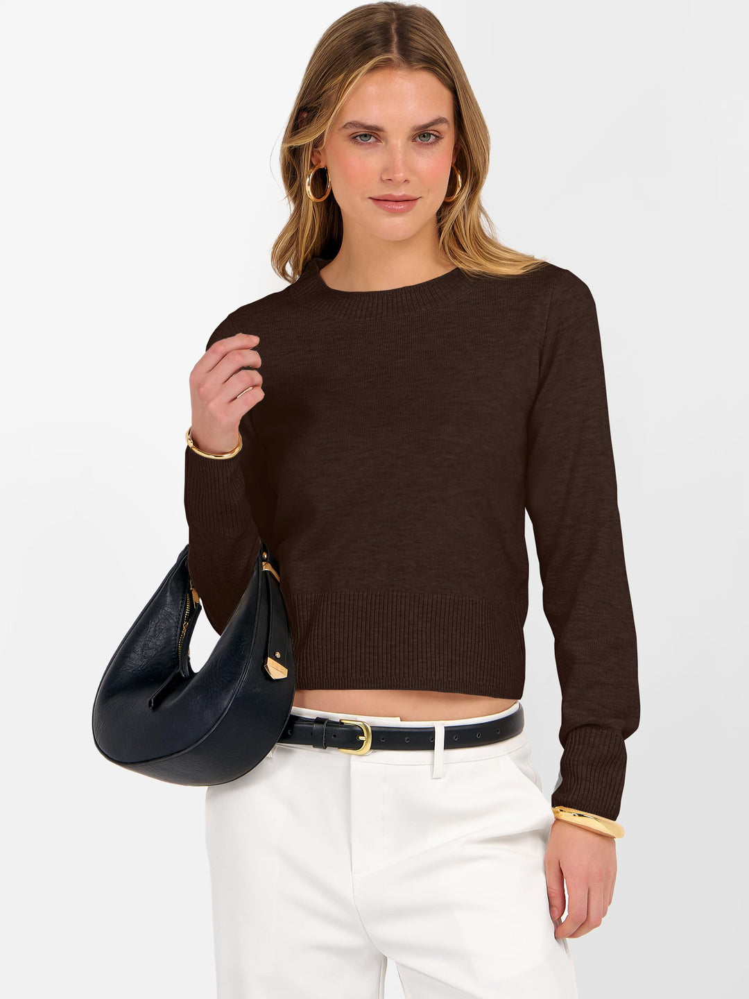 ANRABESS Women’s Long Sleeve Sweaters Cropped Crew Neck Business Casual Light Weight Sweater Tops Fall Fashion Clothes 2025