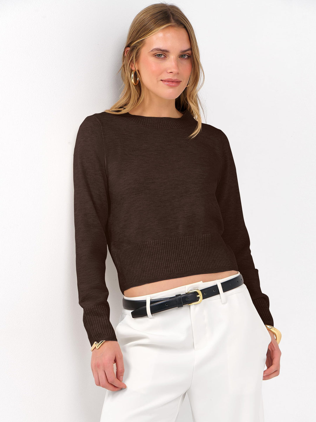 ANRABESS Women’s Long Sleeve Sweaters Cropped Crew Neck Business Casual Light Weight Sweater Tops Fall Fashion Clothes 2025