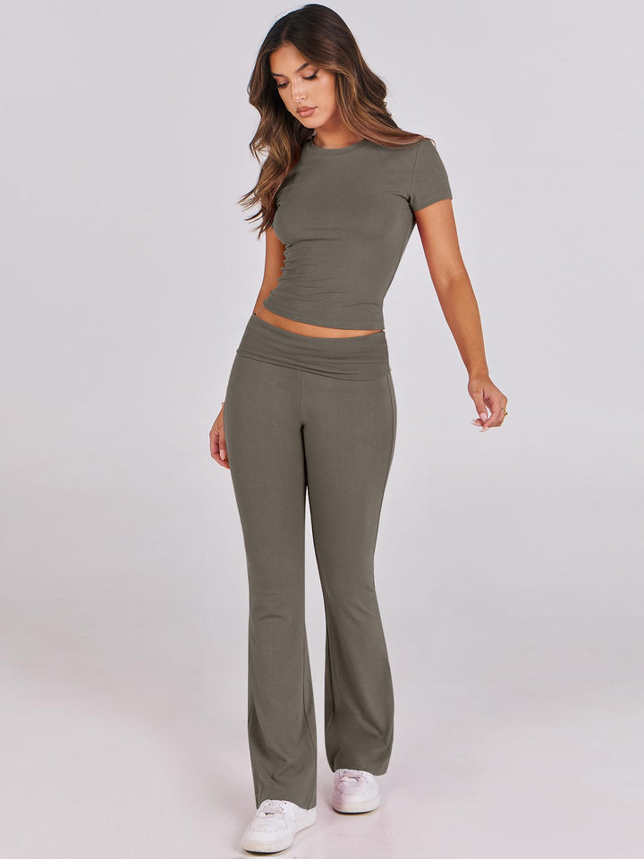 ANRABESS Lounge Sets for Women 2 Piece Foldover Yoga Flare Leggings Pants Crop Tops Casual Y2K Outfits Matching Tracksuit Set