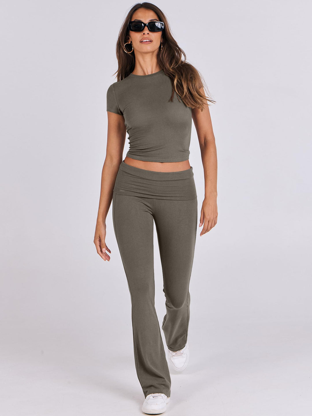 ANRABESS Lounge Sets for Women 2 Piece Foldover Yoga Flare Leggings Pants Crop Tops Casual Y2K Outfits Matching Tracksuit Set