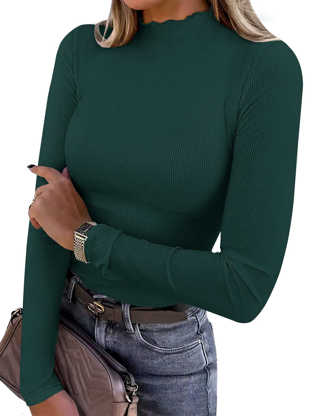 ANRABESS Women's Lettuce Trim Mock Neck Long Sleeve Tops 2025 Casual Dressy Ribbed Knit Slim Fit Tee Shirt Fall Layer Outfits
