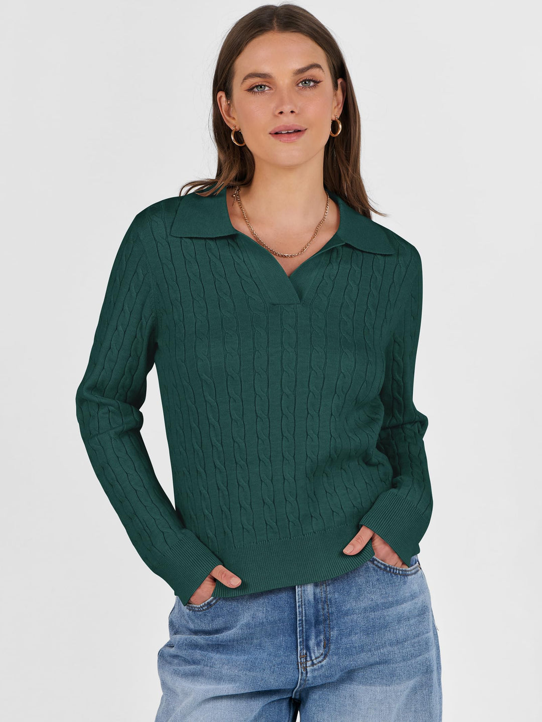 ANRABESS Womens Cable Knit Sweaters Long Sleeve V Neck Sweater Tops Casual Pullover Polo Shirts 2025 Fall Fashion Outfits