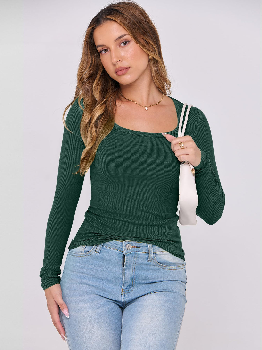 ANRABESS Womens Long Sleeve Shirts Scoop Neck Ribbed Knit Slim Fitted Tops Casual Basic Tee 2025 Fall Fashion Outfits Clothes