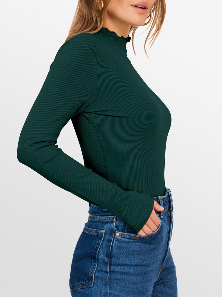 ANRABESS Women's Lettuce Trim Mock Neck Long Sleeve Tops 2025 Casual Dressy Ribbed Knit Slim Fit Tee Shirt Fall Layer Outfits