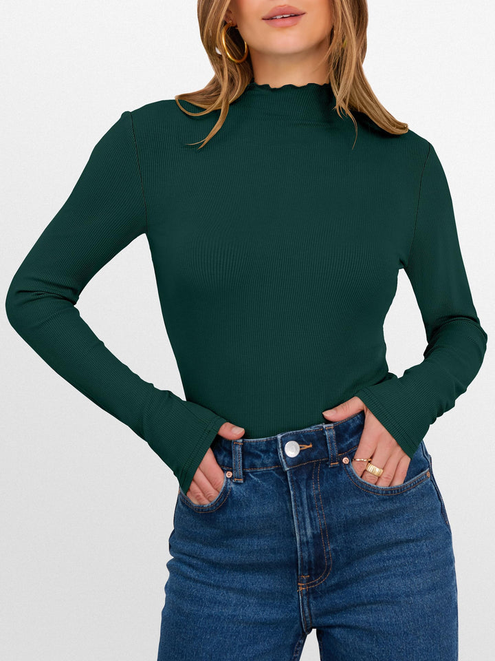 ANRABESS Women's Lettuce Trim Mock Neck Long Sleeve Tops 2025 Casual Dressy Ribbed Knit Slim Fit Tee Shirt Fall Layer Outfits
