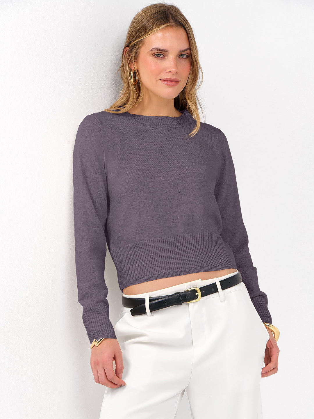 ANRABESS Women’s Long Sleeve Sweaters Cropped Crew Neck Business Casual Light Weight Sweater Tops Fall Fashion Clothes 2025